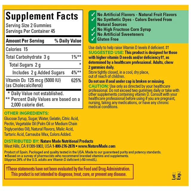 Nature Made Extra Strength Vitamin D3 5000 IU (125 mcg) per serving Gummies Strawberry, Peach, Mango80.0ea